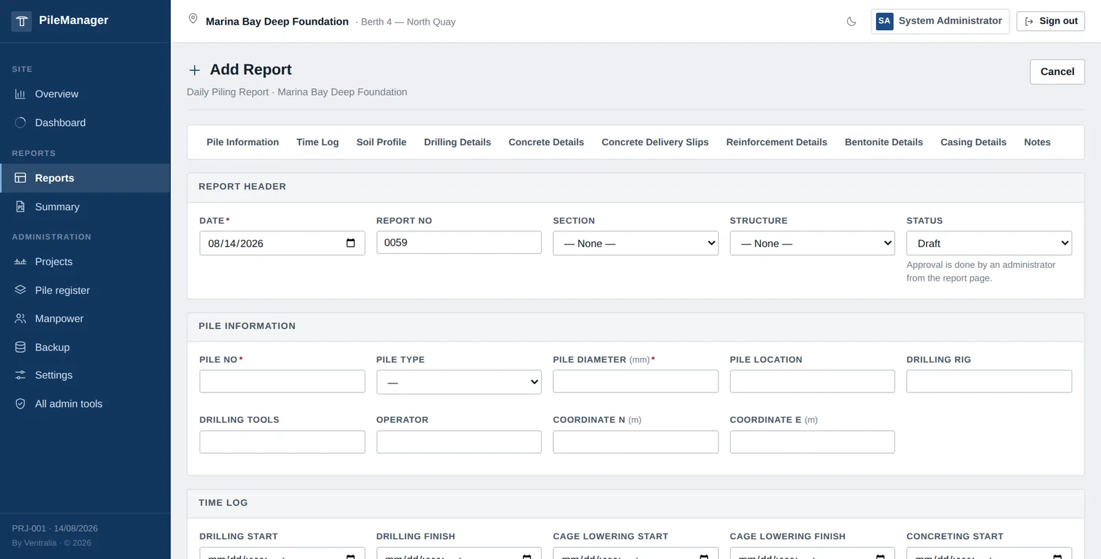 Daily piling report form with calculated fields highlighted